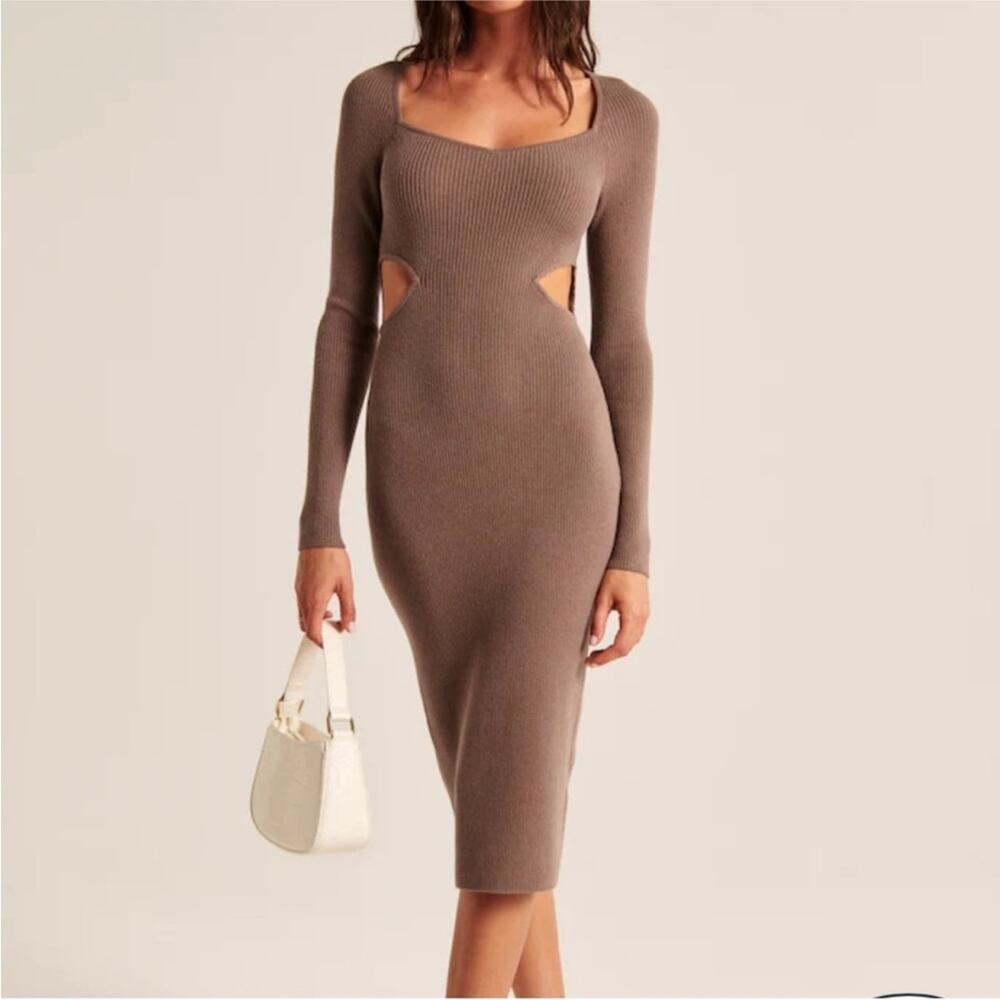 NEW Abercrombie Cutout Midi Ribbed Sweater Dress in Taupe Brown - Size XL